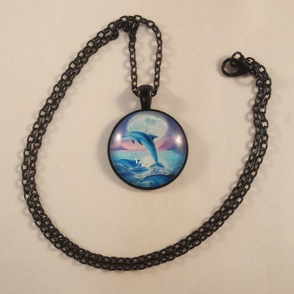 Black Dolphins Ocean Moon Cabochon Necklace - Picture 3 of 3